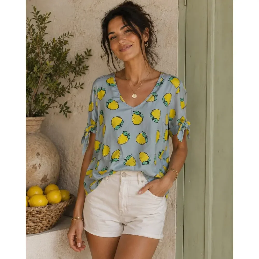 Modcloth Lemon Top Womens Medium Light Blue & Yellow V-Neck Novelty